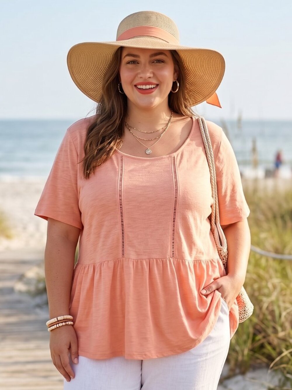 In Every Story Peach Peplum Top Size 5X Plus Scoop Neck Ladder Trim Tiered Hem